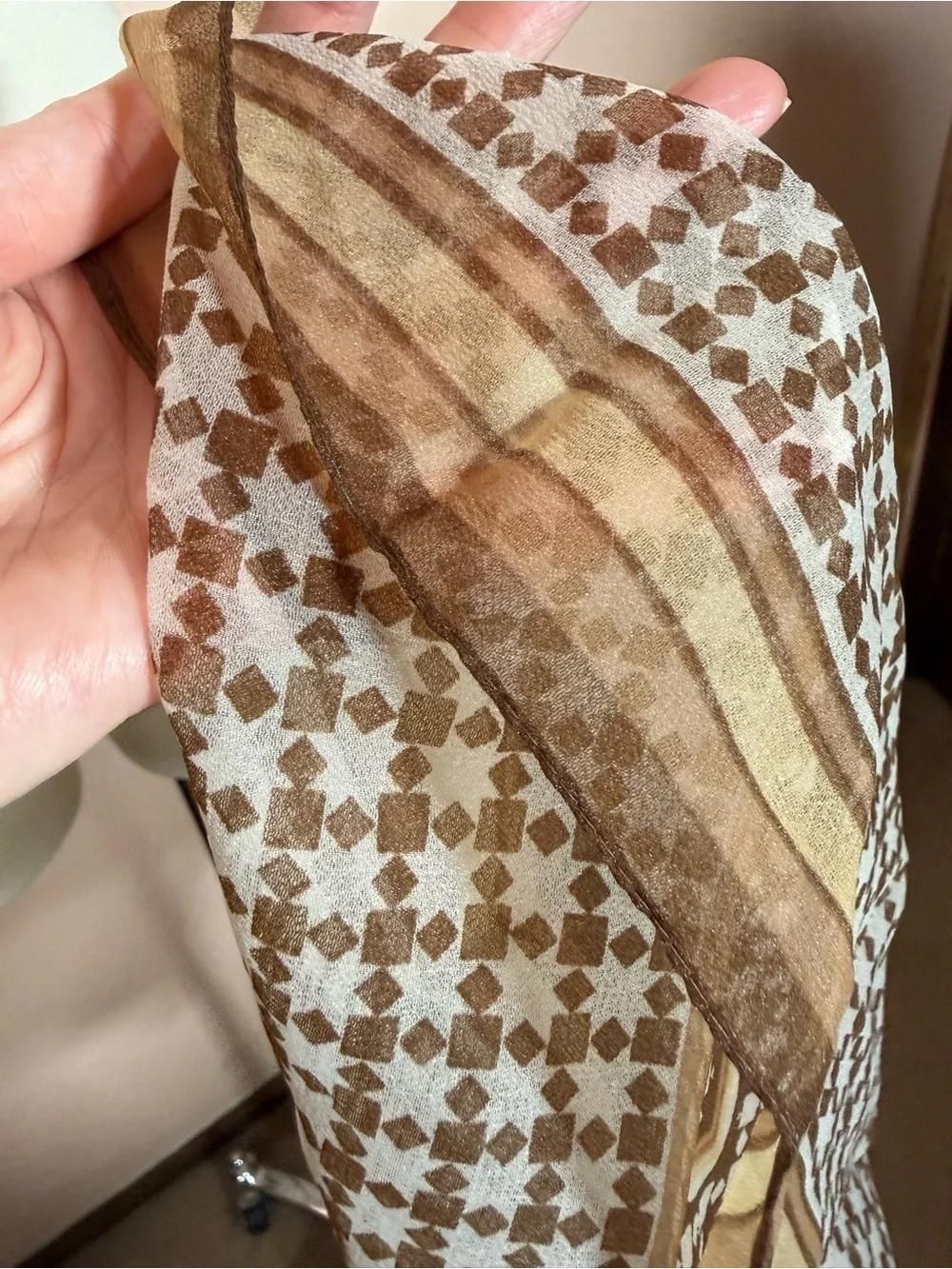 Vintage camel brown semi sheer star rattan art deco neckerchief square scarf